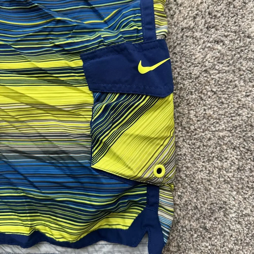 Nike Swim Trunks Mens Large Blue Yellow Striped Board Shorts Pocket Polyester